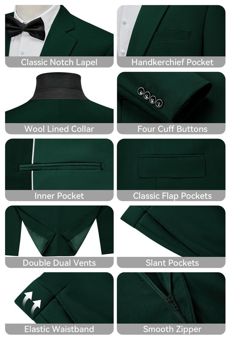 WEEN CHARM بدلة WEEN CHARM للرجال بتصميم نحيف 2 قطعة بدلة زفاف توكسيدو مع طية صدر عريضة للعرسان حفلات التخرج الحفلات الرسمية سترة بنطلون مجموعة داكنة خضراء - Image 3